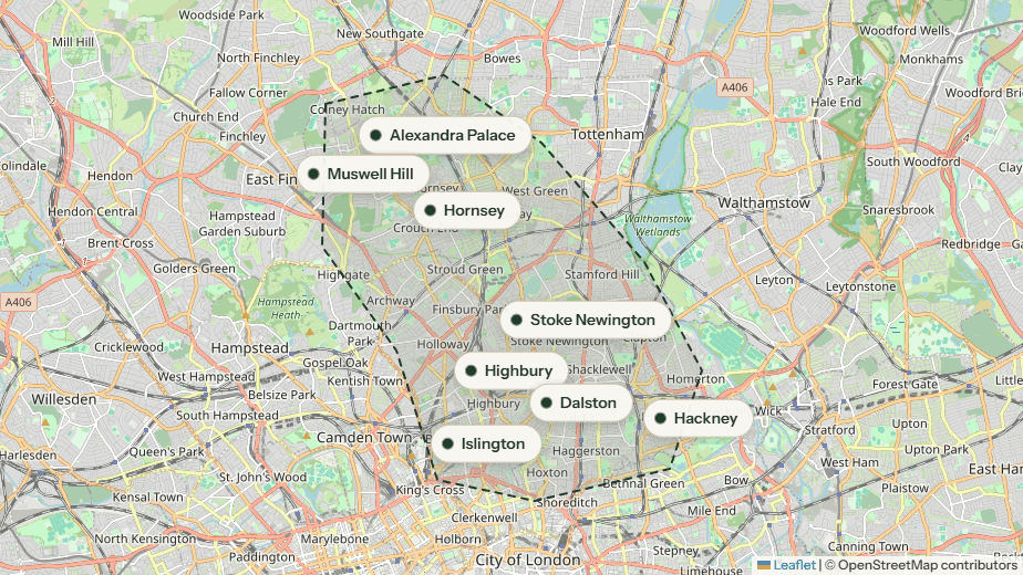 Map of our North-East London service area — Muswell Hill, Alexandra Palace, Hornsey, Stoke Newington, Highbury, Dalston, Islington and Hackney, with the coverage boundary outlined