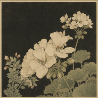 Ink-and-colour botanical study of white geraniums in bloom